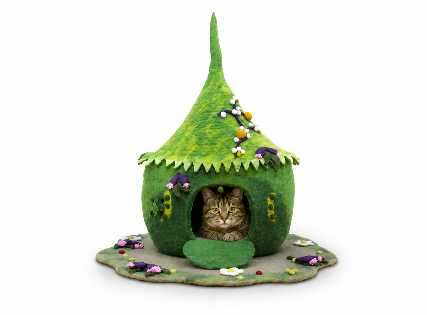 Grotte pour chat en feutre Green Berry avec tapis, lit pour chat en laine fait main