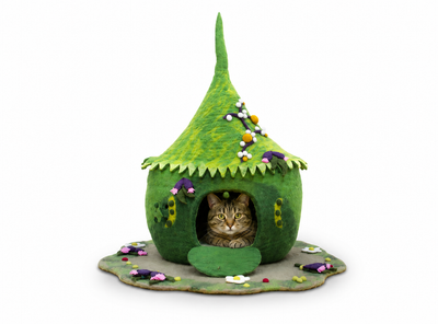 Grotte pour chat en feutre Green Berry avec tapis, lit pour chat en laine fait main