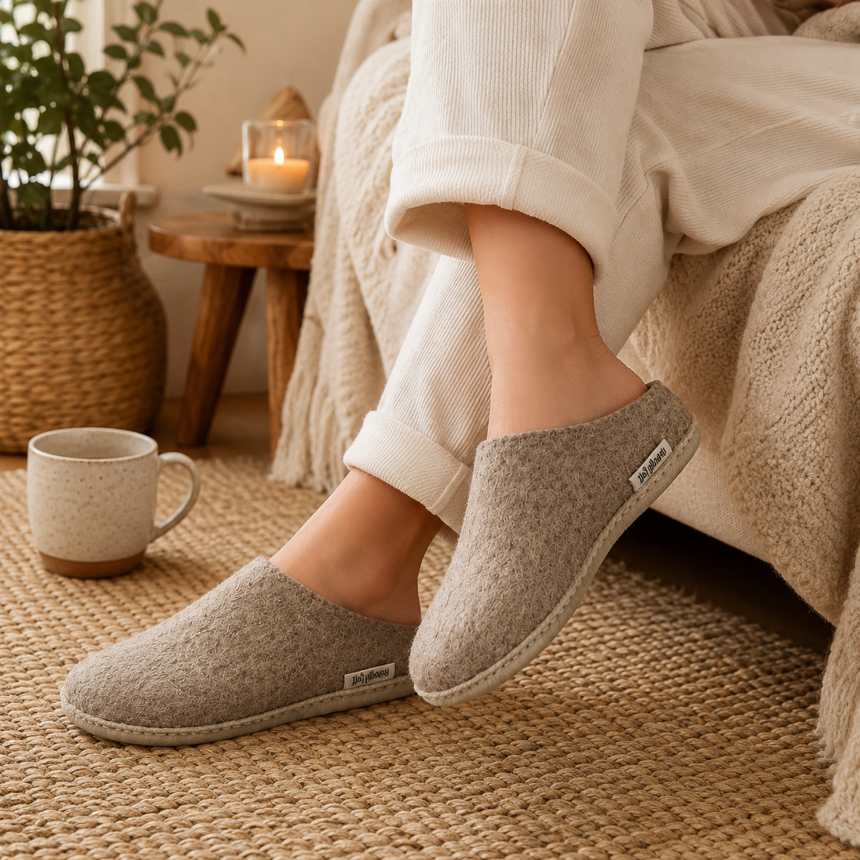 Marbled Brown Handmade Wool Felt Indoor Slipper with Leather Sole