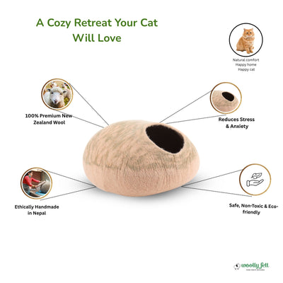 Niche pour chat en feutre à rayures beiges, fabriquée à la main en laine, lit pour chat, maison pour chat
