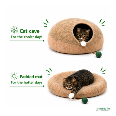 Niche pour chat en feutre à rayures beiges, fabriquée à la main en laine, lit pour chat, maison pour chat