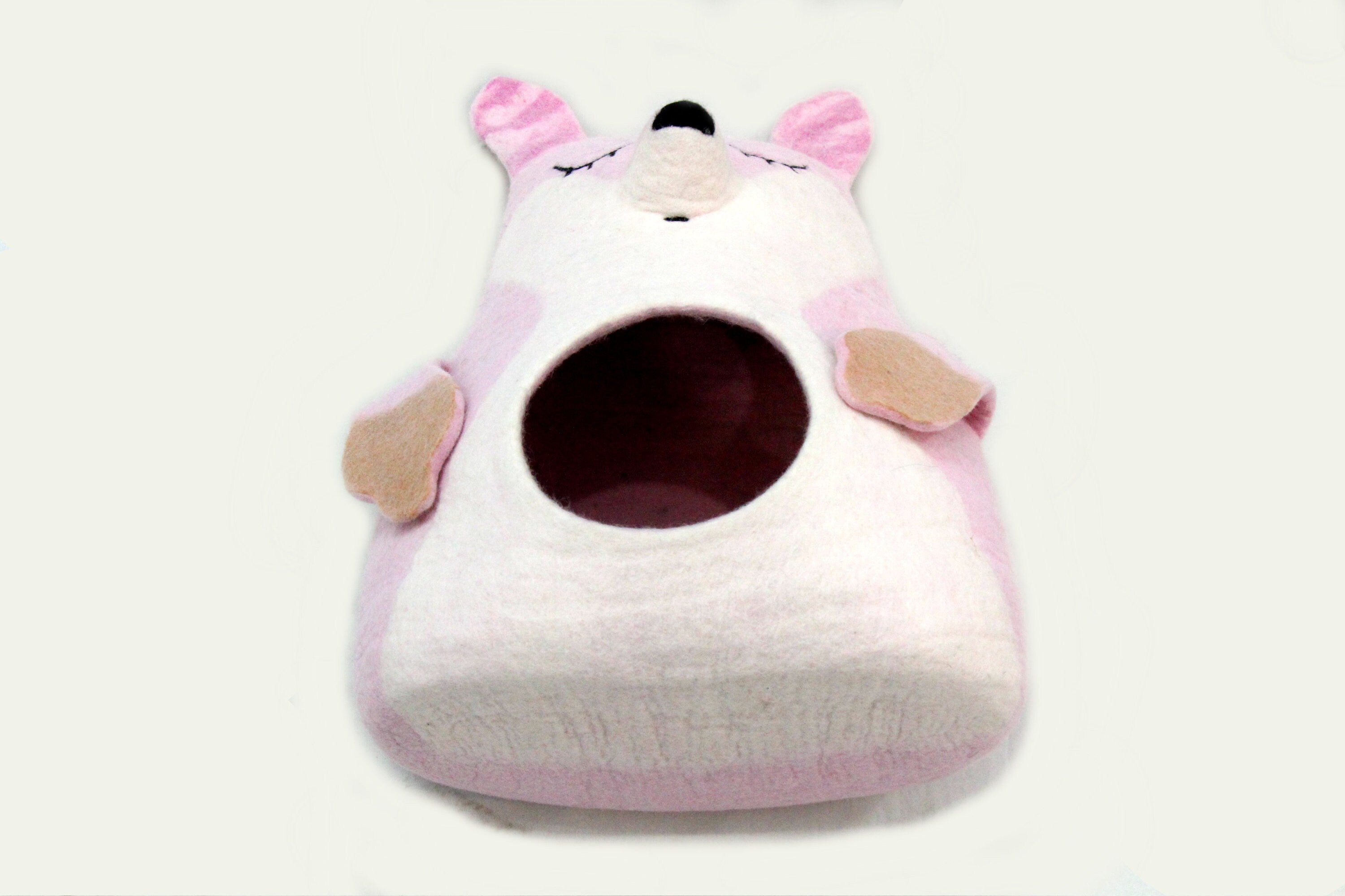 Pink Fox Felted Cat Cave | Natural Wool Pet Bed (45cm)