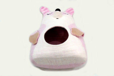 Pink Fox Felted Cat Cave | Natural Wool Pet Bed (45cm)