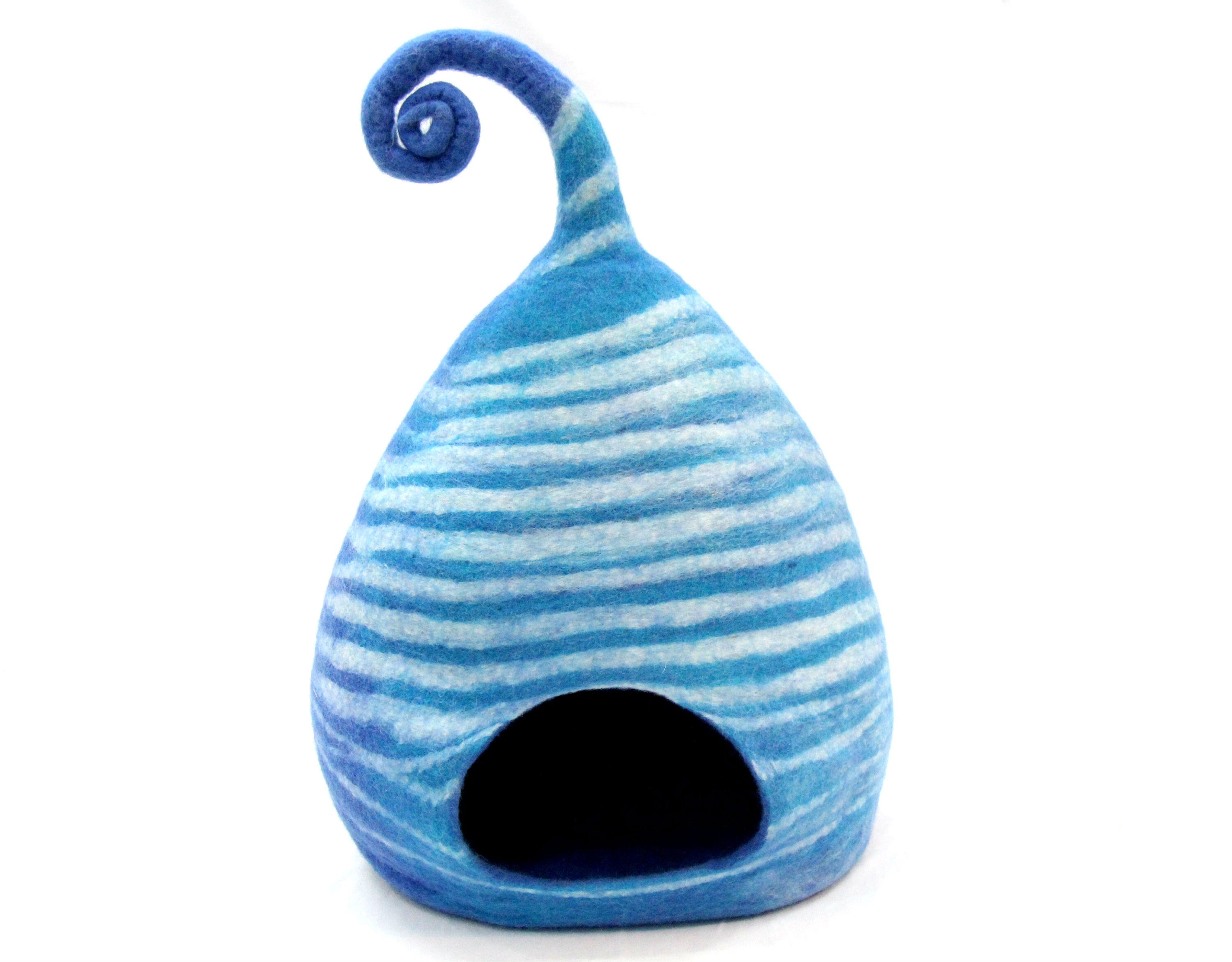 Handmade Felt Cat Cave – Blue Striped Wool Pet Bed