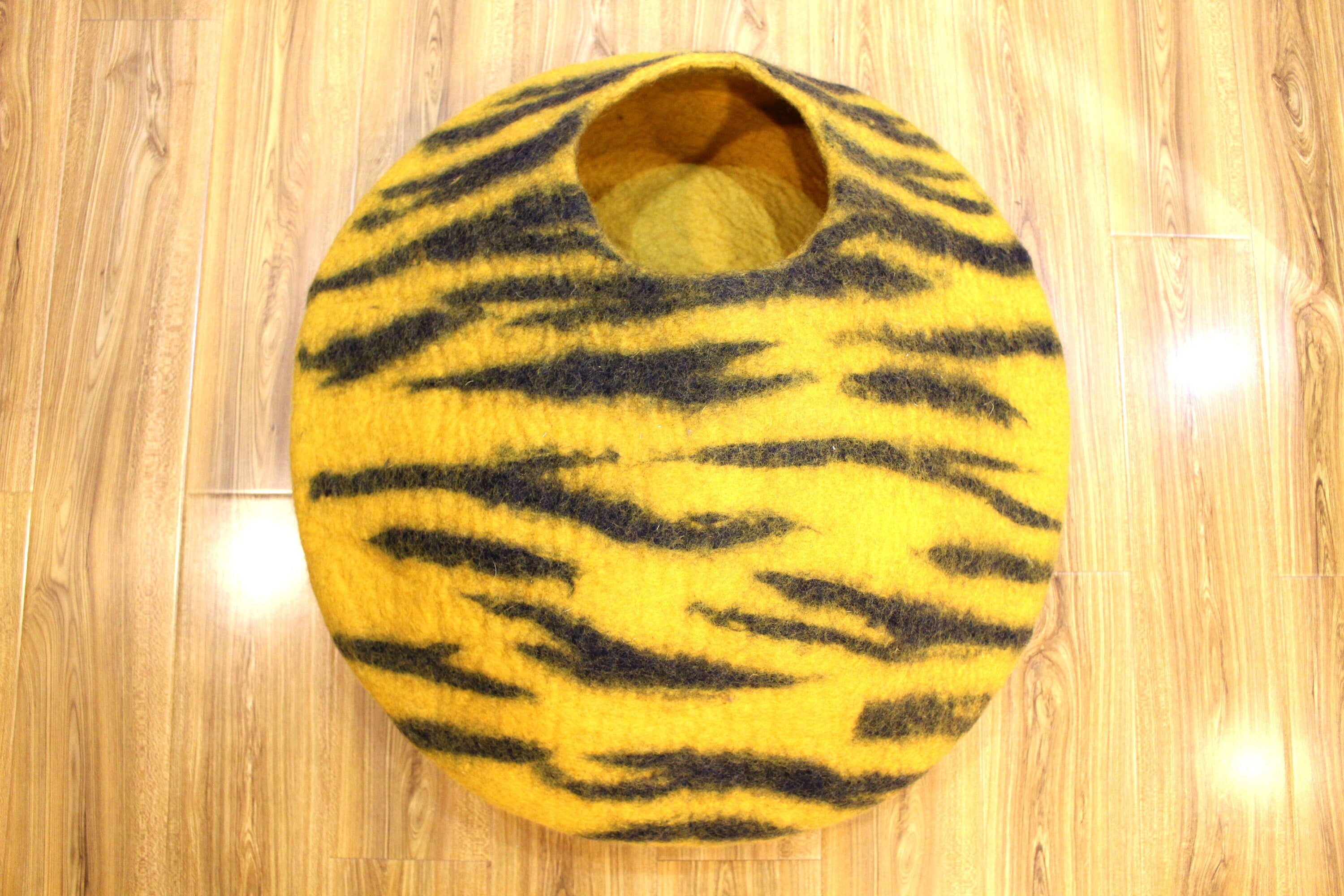 Handmade Wool Felt Cat Cave – Tiger Stripe Kitty Hideaway
