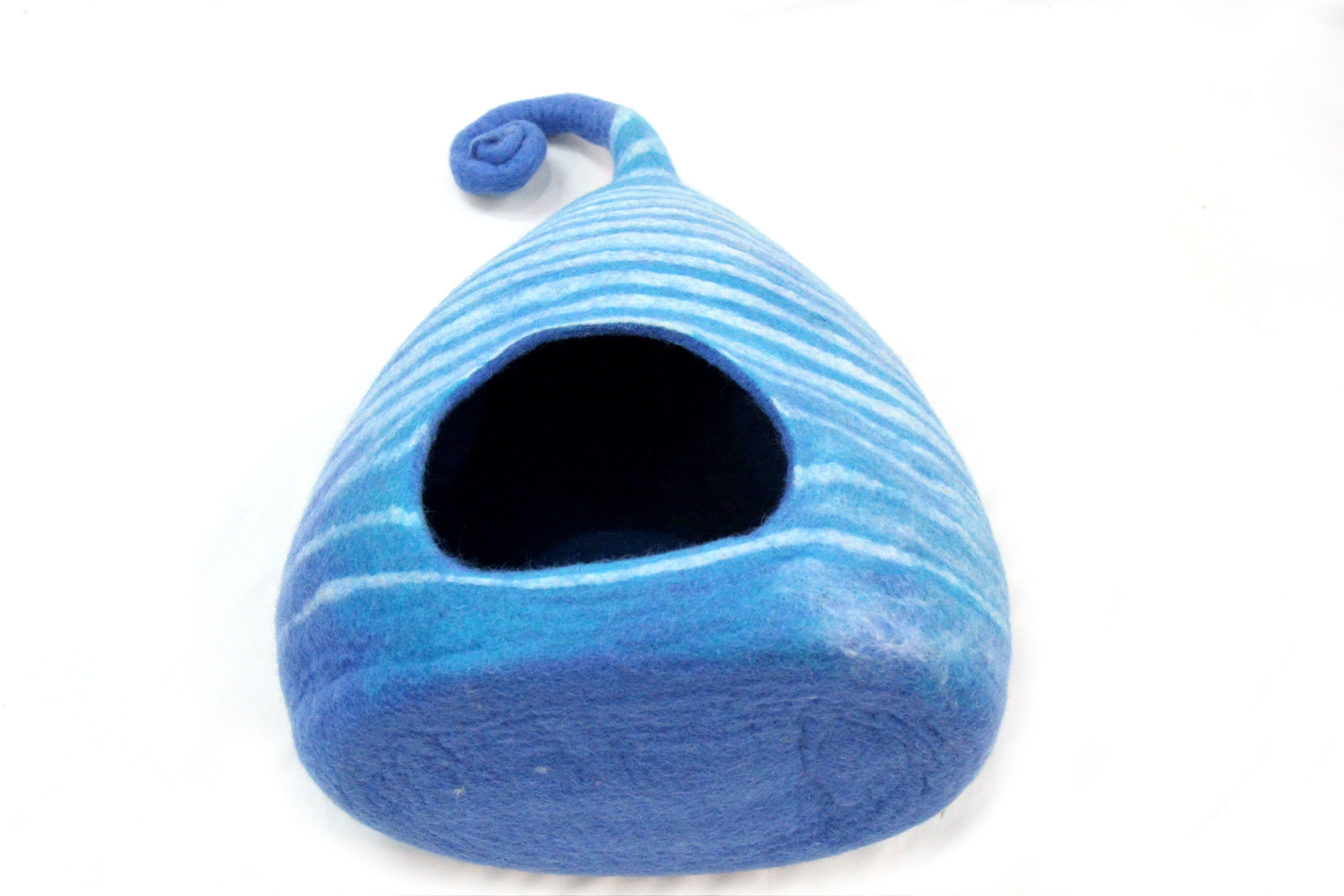 Handmade Felt Cat Cave – Blue Striped Wool Pet Bed