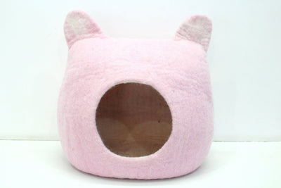 Wool Felt Cat Cave – Pink Square Pet Bed with Ears