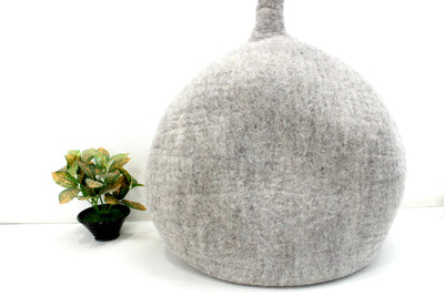 Handmade Gray Felt Cat Cave – Floral Wool Kitty Bed