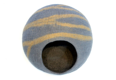 Handmade Felt Cat Cave – Grey Wool Cat Bed with Stripe Design