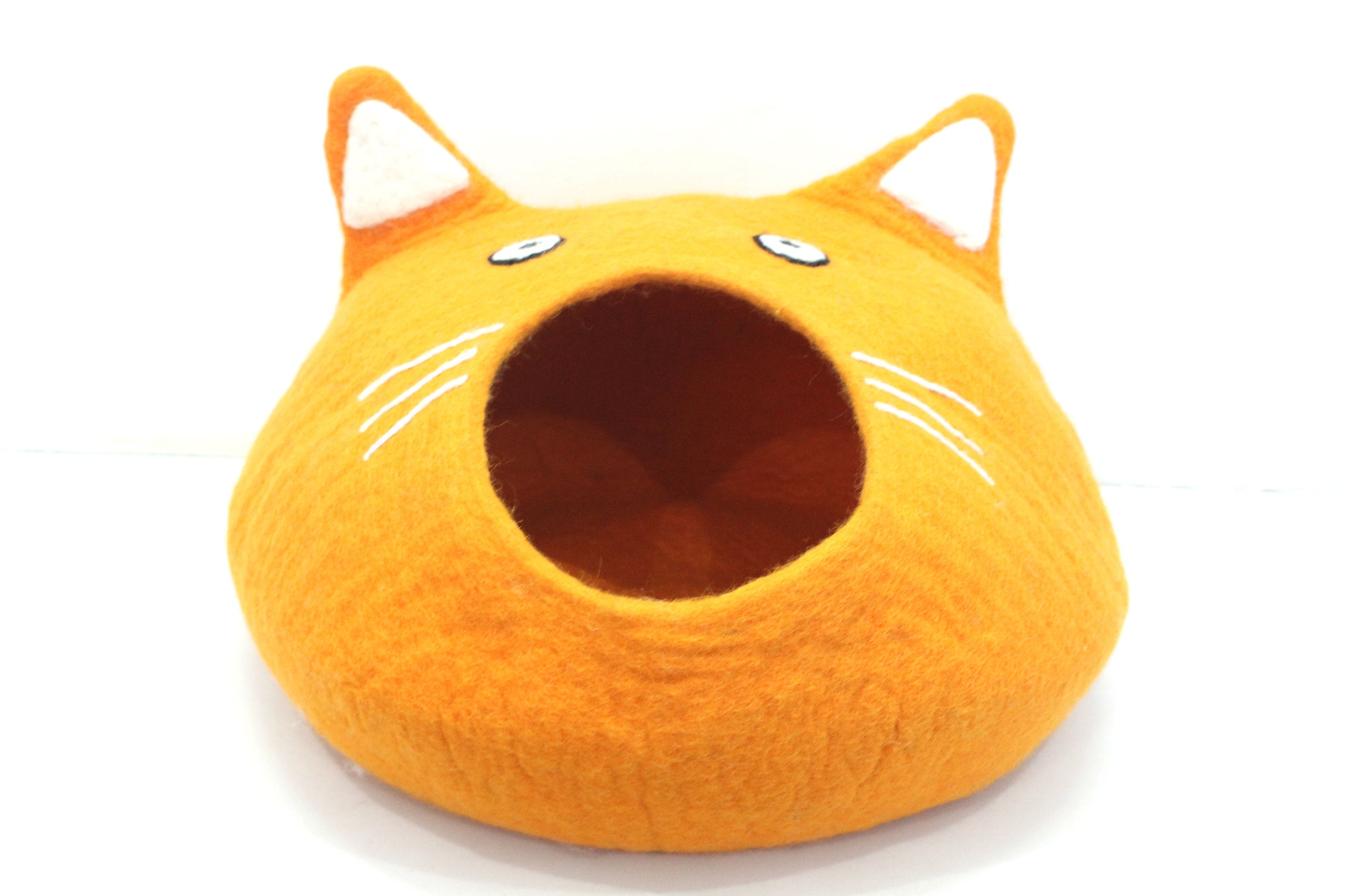 Felt Cat Cave – Orange Wool Cat Head Bed, Kitty Basket