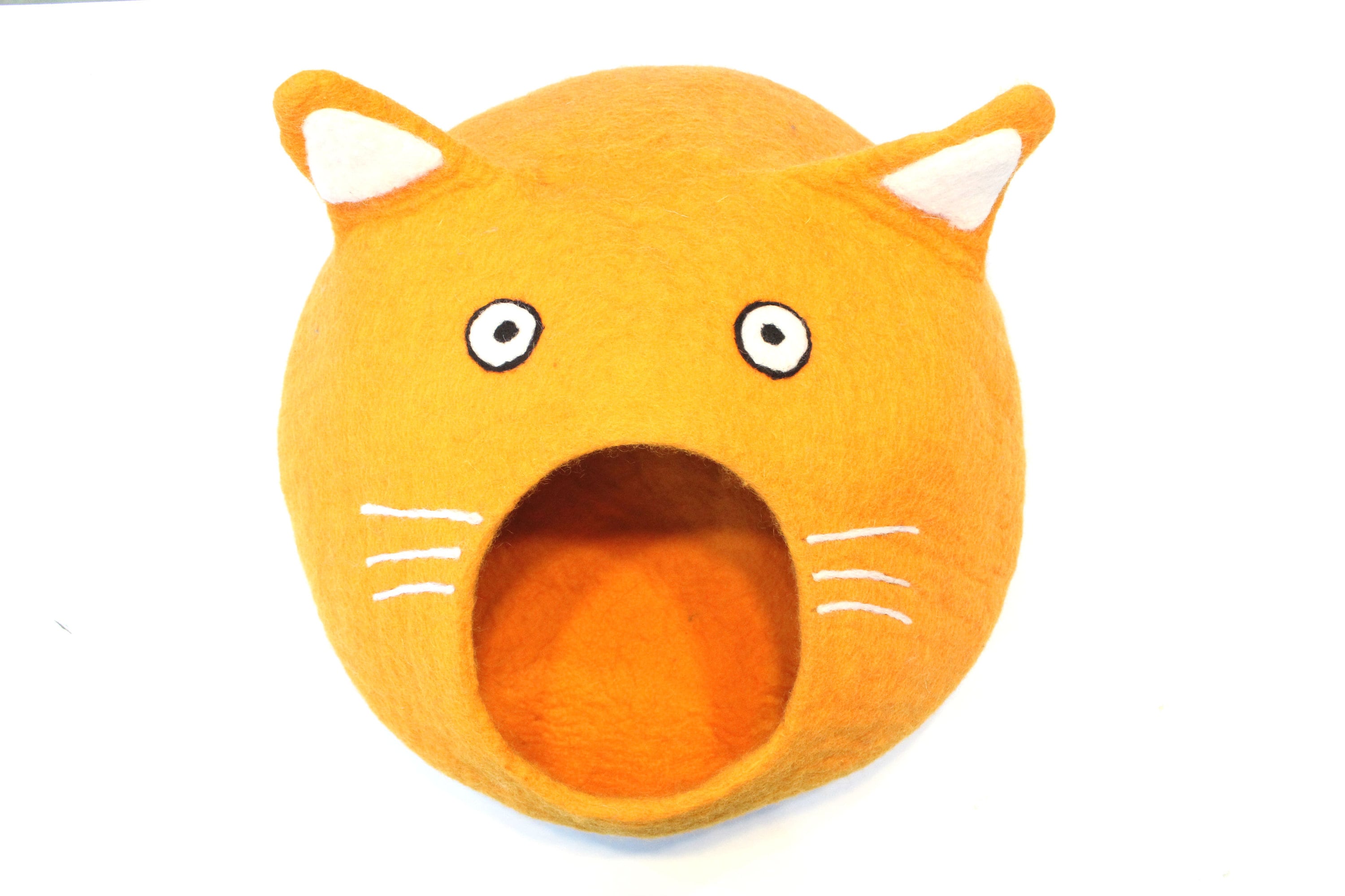 Felt Cat Cave – Orange Wool Cat Head Bed, Kitty Basket