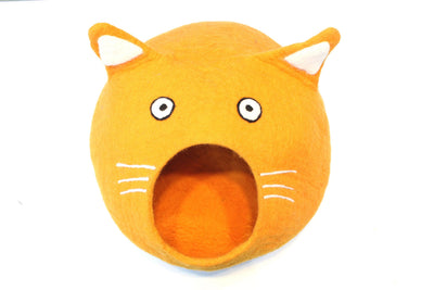 Felt Cat Cave – Orange Wool Cat Head Bed, Kitty Basket
