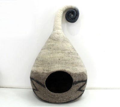 Handmade Wool Cat Cave – Cozy Felt Pet Bed with Swirl Tail