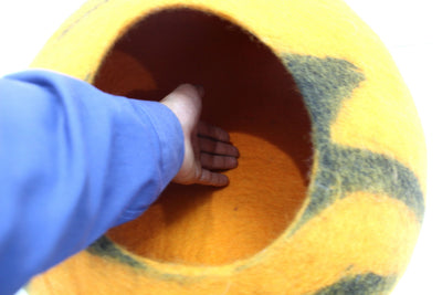 Felt Cat Cave – Tiger Stripe Wool Pet Bed, Handmade in Nepal