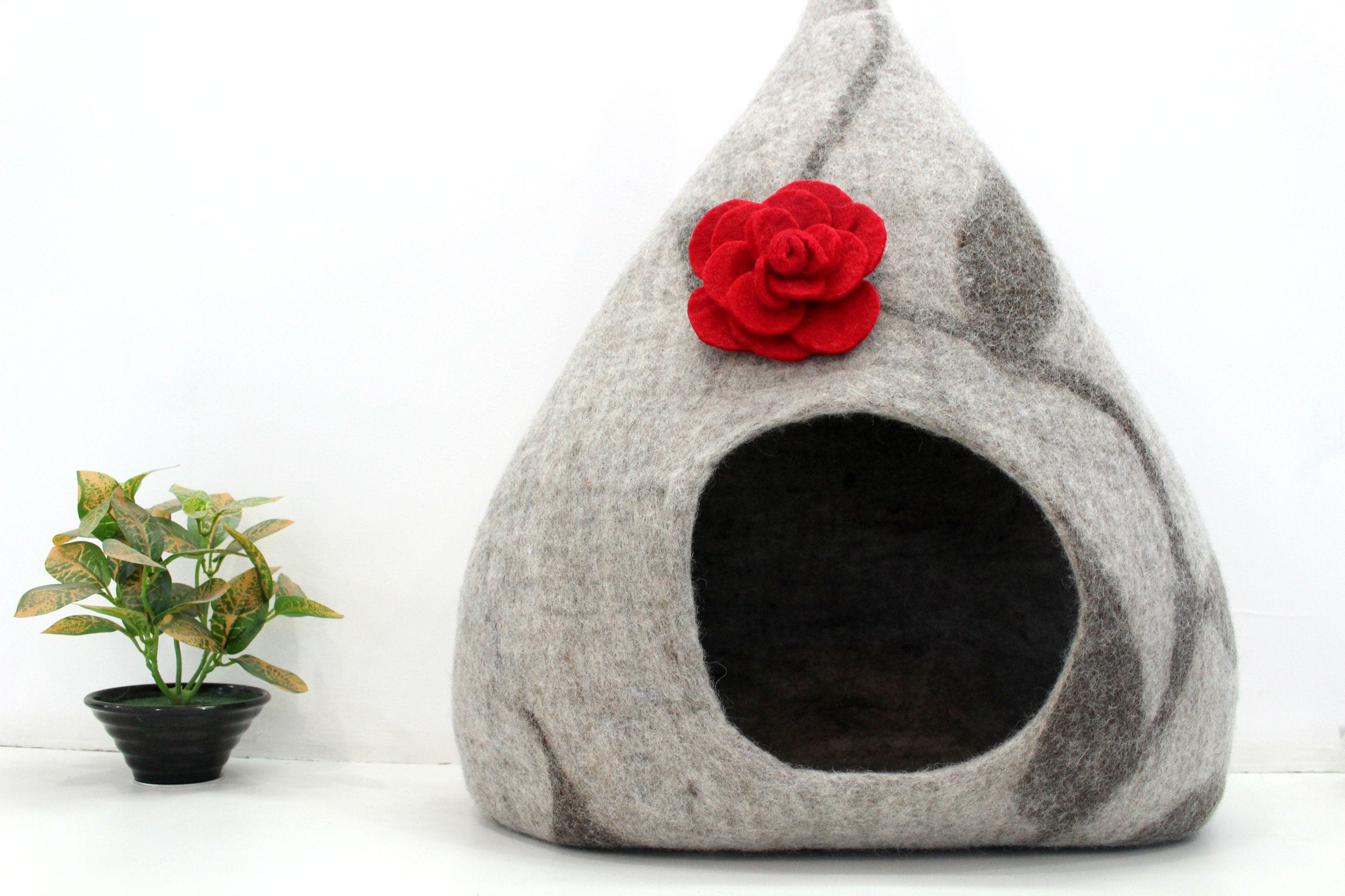 Felted Wool Cat Cave – Designer Pet Bed with Flower Detail