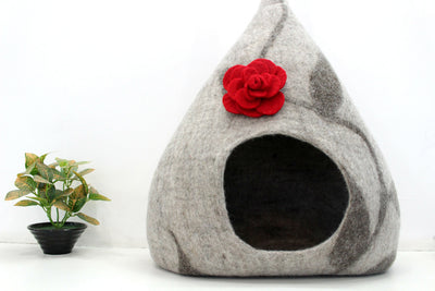 Felted Wool Cat Cave – Designer Pet Bed with Flower Detail