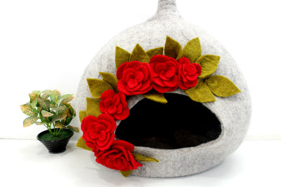 Handmade Gray Felt Cat Cave – Floral Wool Kitty Bed