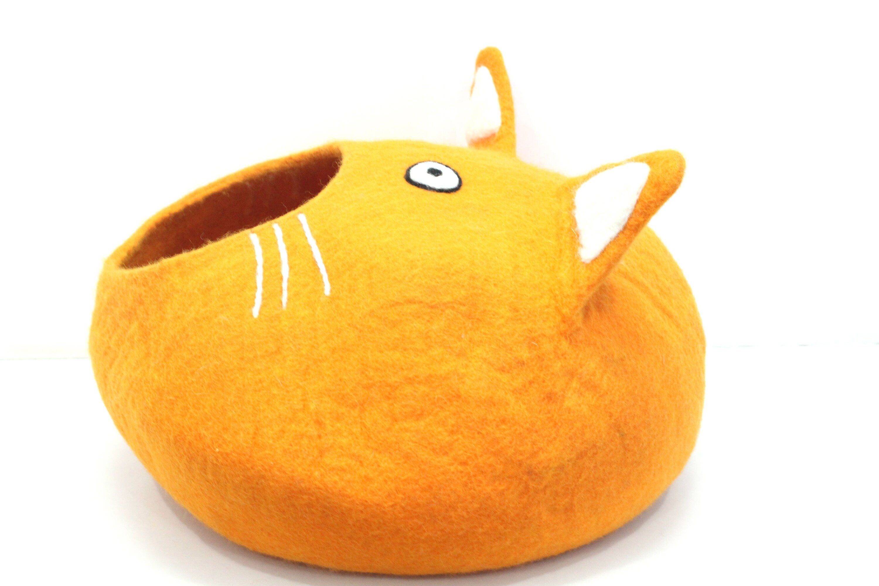 Felt Cat Cave – Orange Wool Cat Head Bed, Kitty Basket