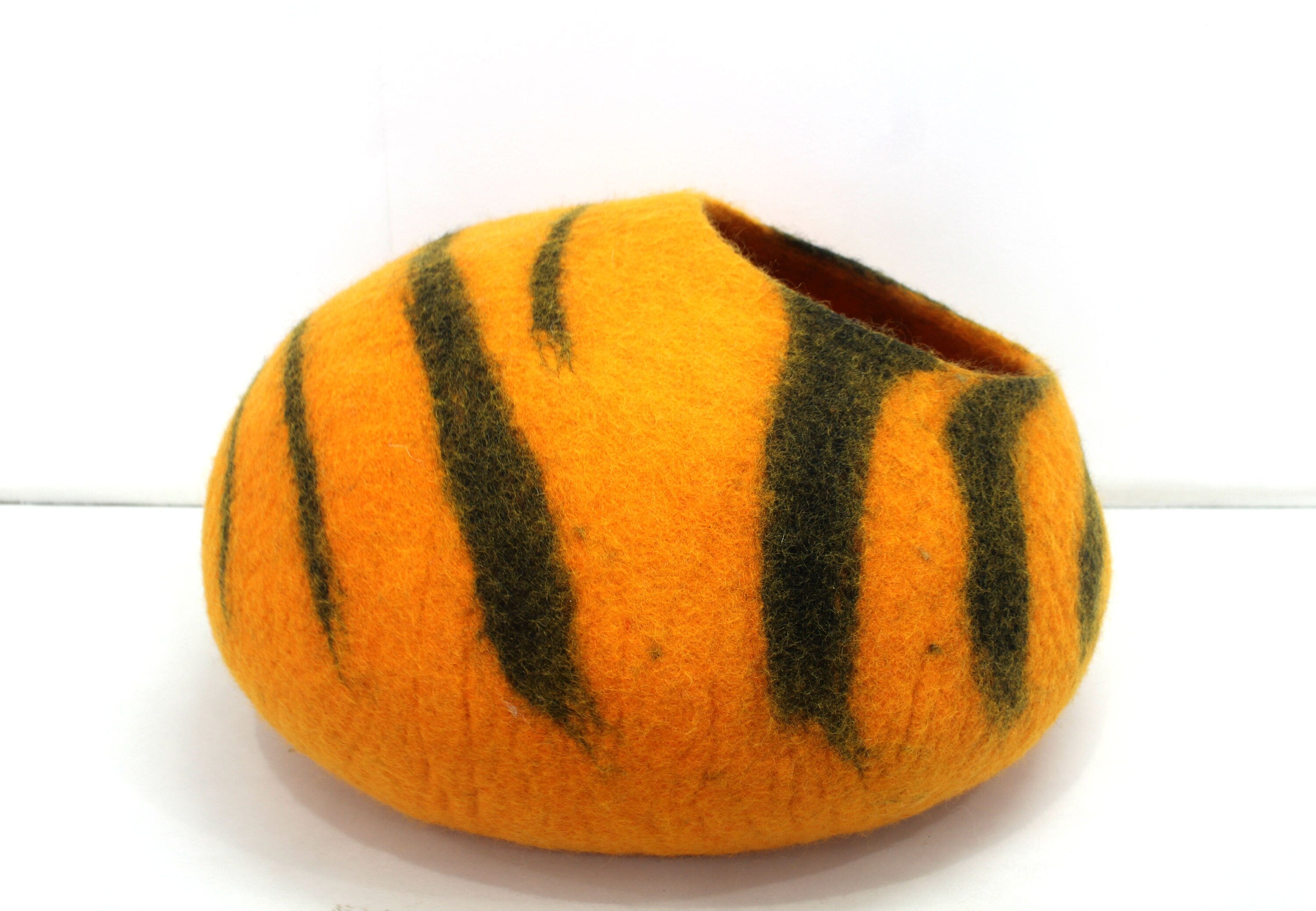 Felt Cat Cave – Tiger Stripe Wool Pet Bed, Handmade in Nepal