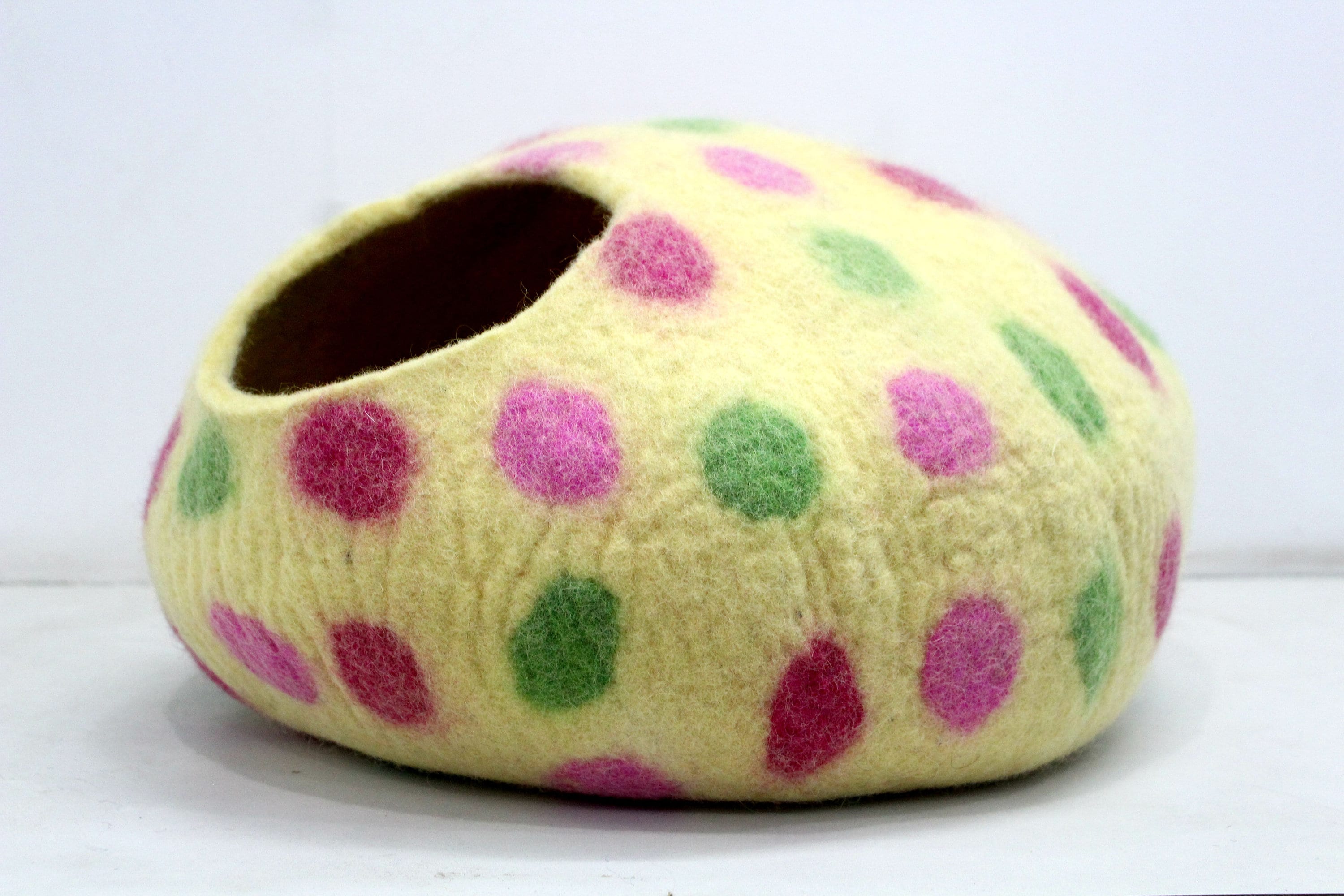 Handmade Wool Felt Cat Bed – Polka Dot Kitty House, Modern Pet Furniture