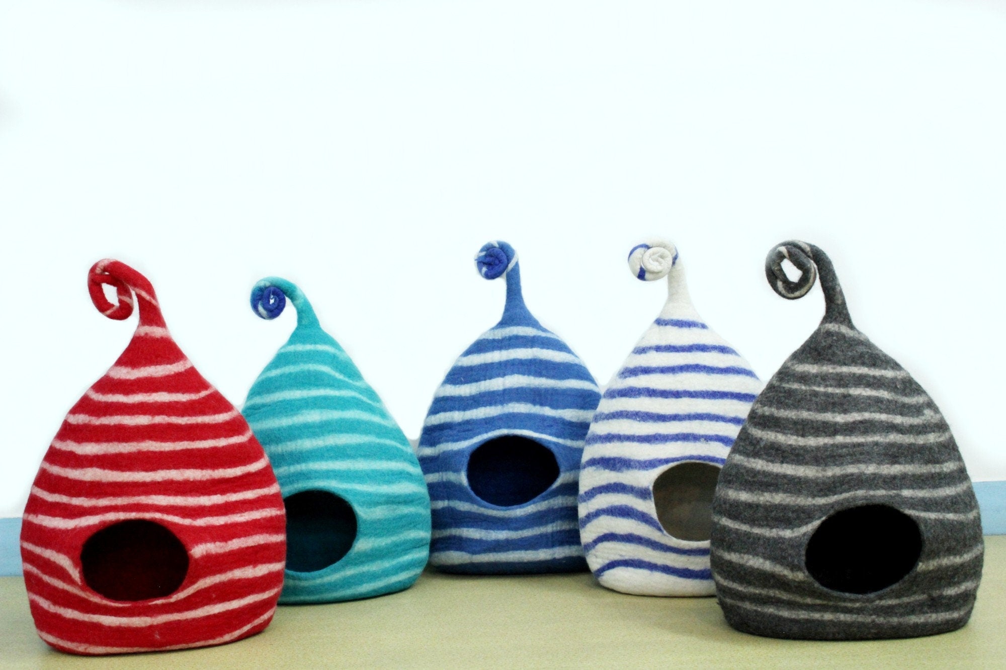 Striped Felt Cat Cave - Handmade Wool Pet Bed