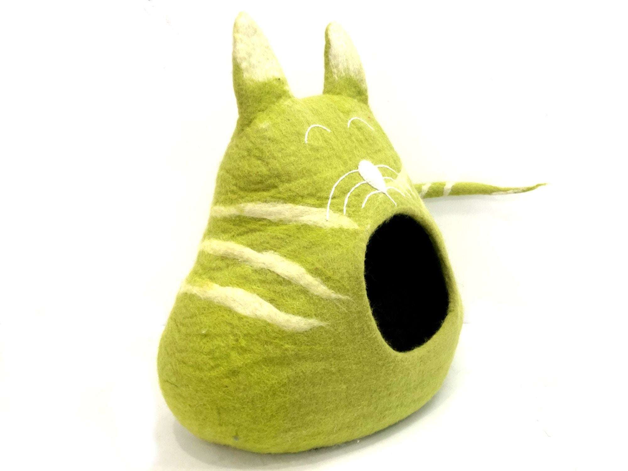 Cuccia per gatti in feltro di lana fatta a mano - Design a testa di gatto verde