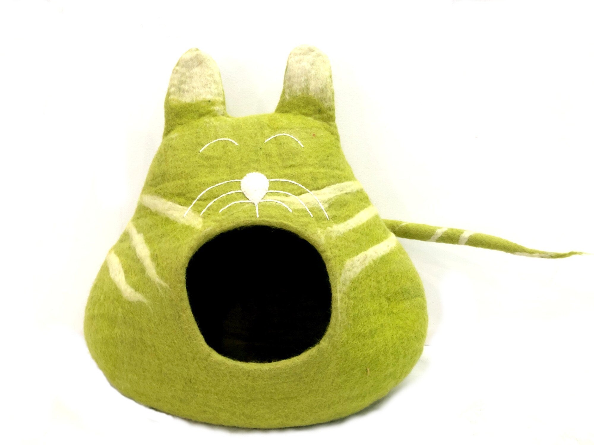 Cuccia per gatti in feltro di lana fatta a mano - Design a testa di gatto verde
