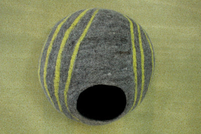 Felt Cat Cave – Gray Wool Basket with Yellow Stripes