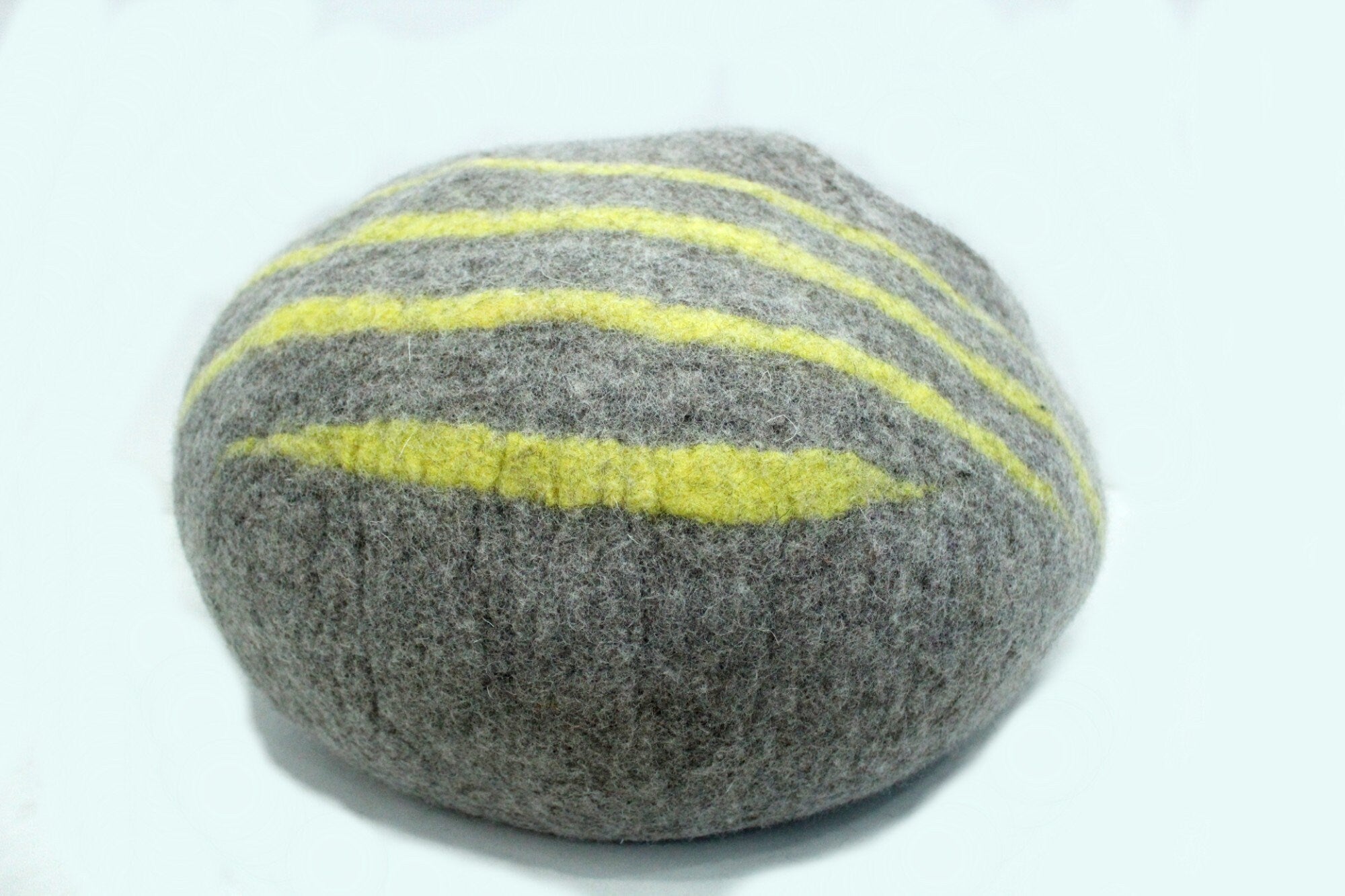 Felt Cat Cave – Gray Wool Basket with Yellow Stripes