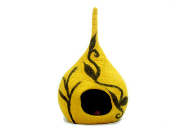 Yellow Felt Cat Cave – Modern Pet Bed with Black Flower Design