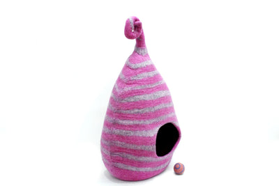 Pink Striped Felt Cat Cave – Handmade New Zealand Wool Pet Bed