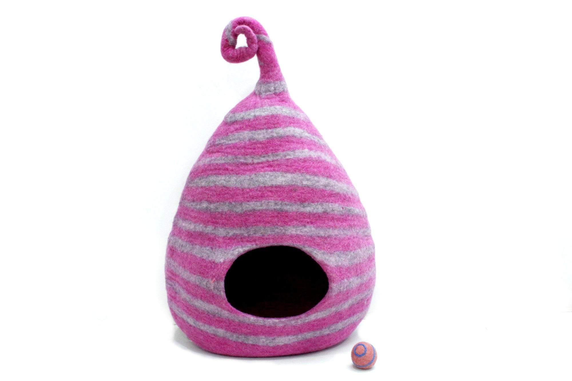 Pink Striped Felt Cat Cave – Handmade New Zealand Wool Pet Bed