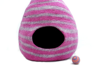 Pink Striped Felt Cat Cave – Handmade New Zealand Wool Pet Bed