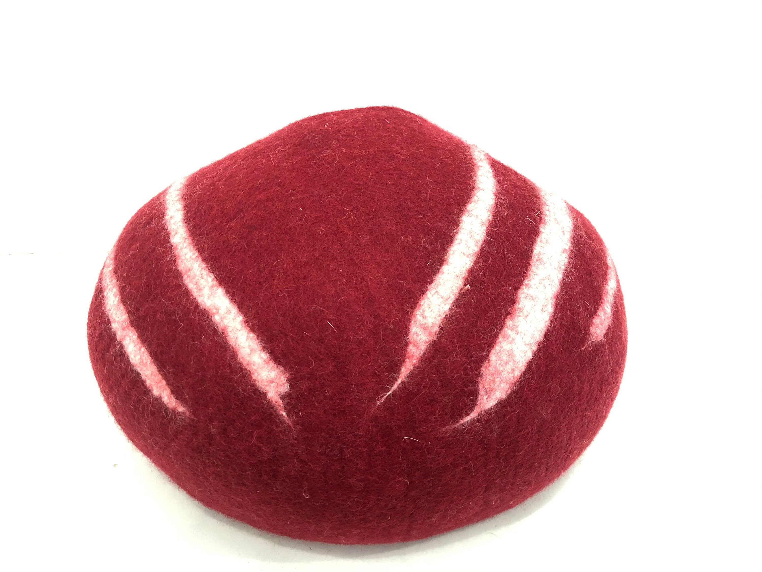 Handmade Maroon Wool Cat Cave – Striped Felt Cat Bed