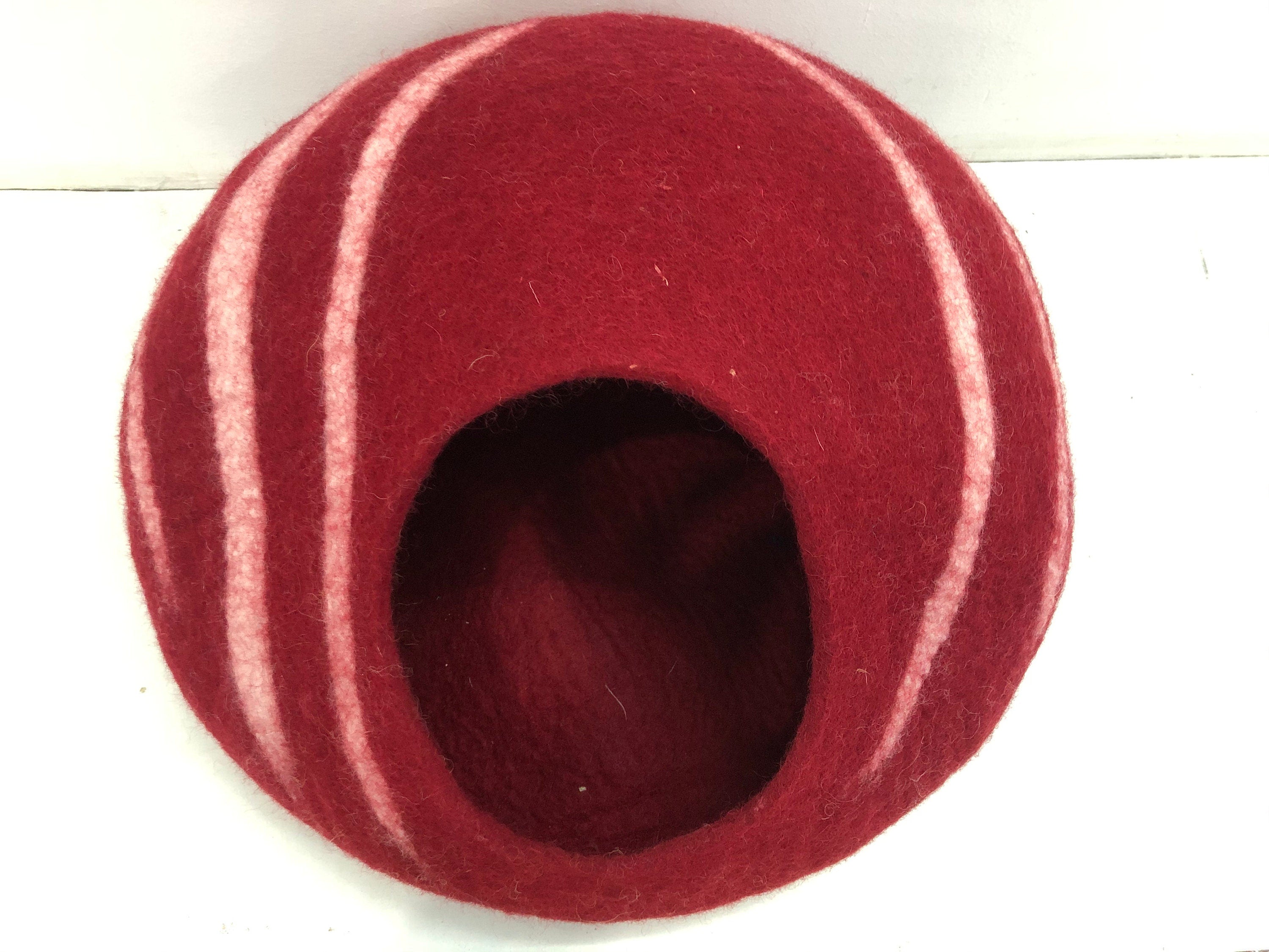 Handmade Maroon Wool Cat Cave – Striped Felt Cat Bed