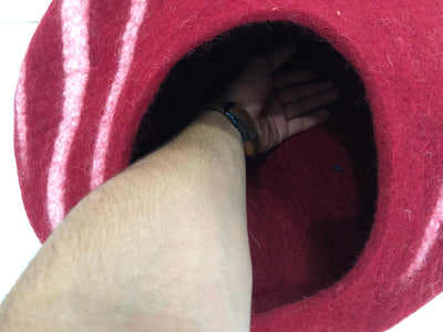Handmade Maroon Wool Cat Cave – Striped Felt Cat Bed