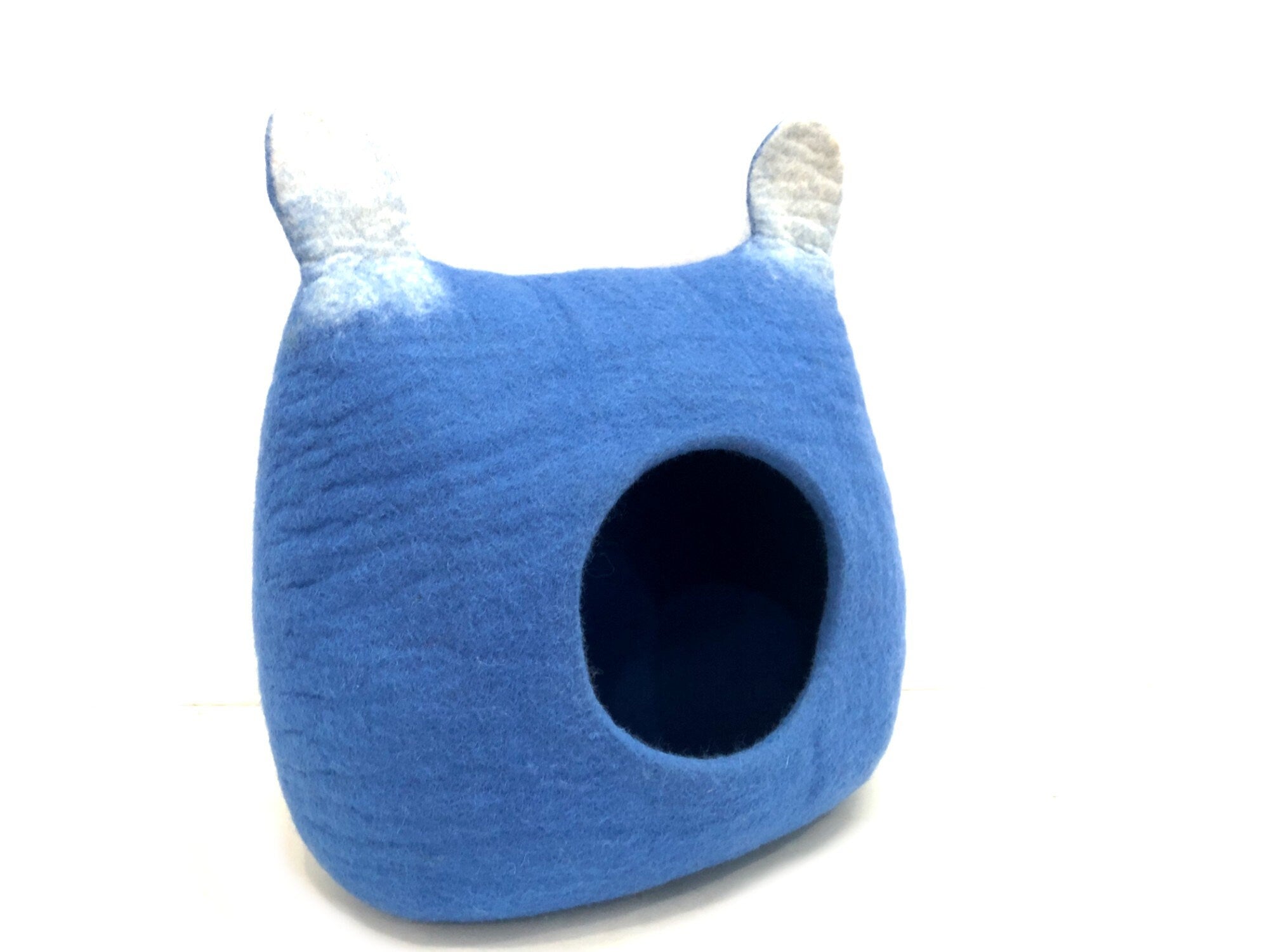Blue Square Felt Cat Cave With Ear - Cozy Bed For Pet -  Handmade Pet Furniture
