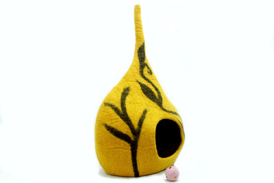 Yellow Felt Cat Cave – Modern Pet Bed with Black Flower Design