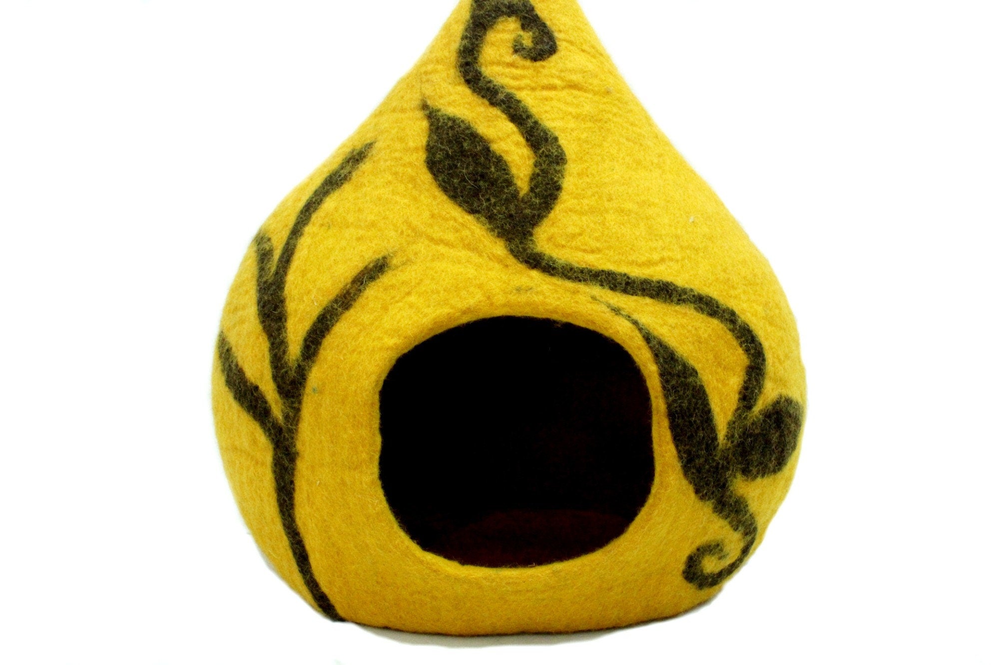 Yellow Felt Cat Cave – Modern Pet Bed with Black Flower Design