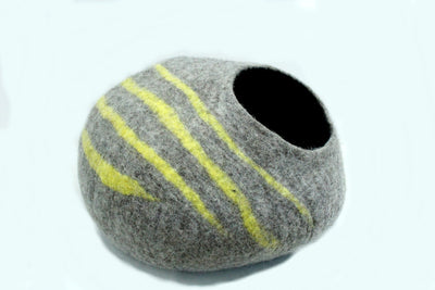 Felt Cat Cave – Gray Wool Basket with Yellow Stripes