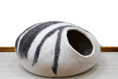 Handmade Wool Felt Cat Cave - White with Grey Stripe