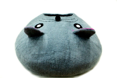 Handmade Wool Felt Cat Cave Bed – Gray Cat Head Pet House
