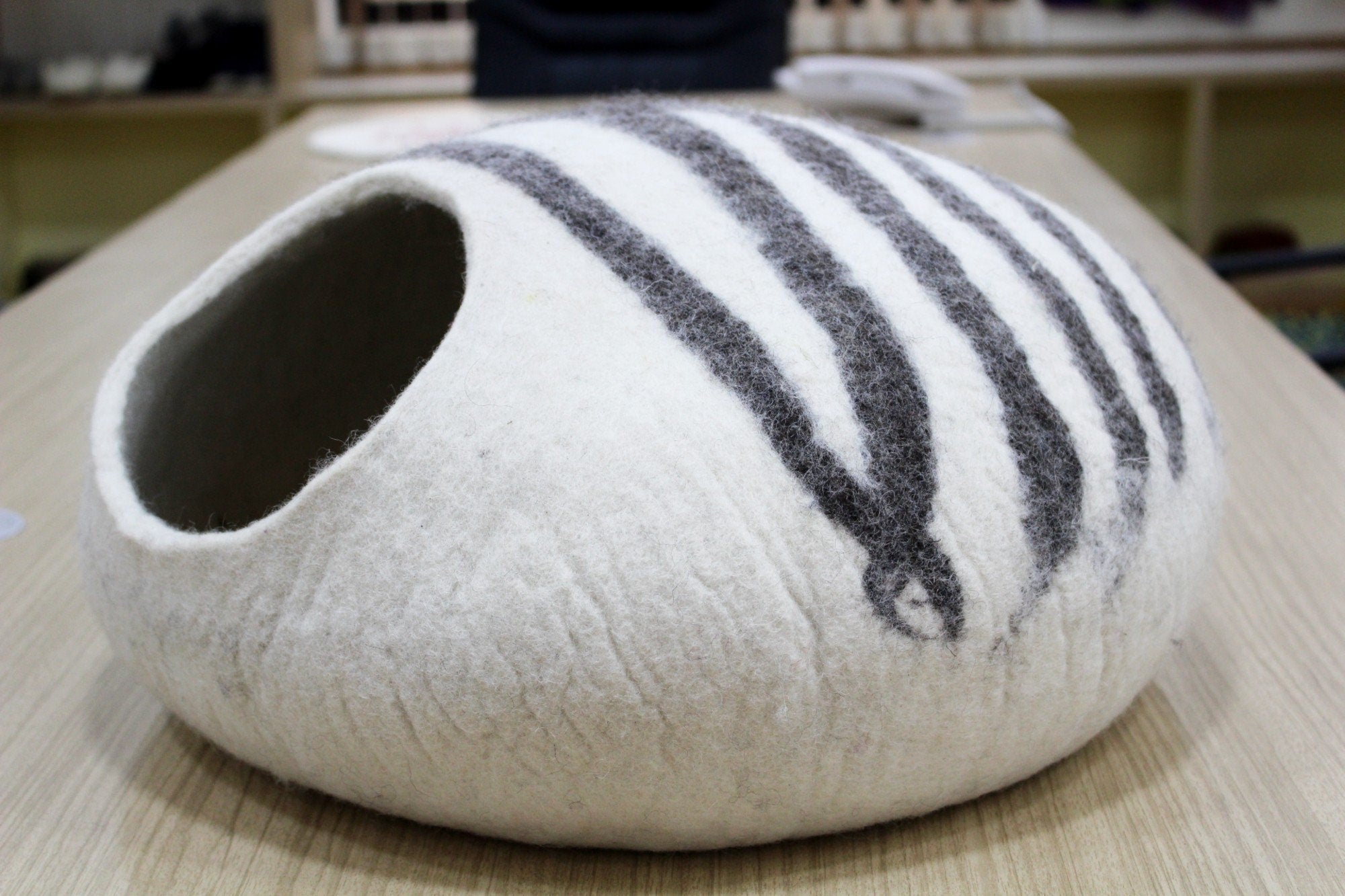 Handmade Wool Felt Cat Cave - White with Grey Stripe