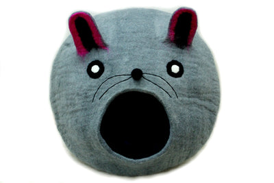 Handmade Wool Felt Cat Cave Bed – Gray Cat Head Pet House