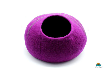 Felted Purple Cat Cave – Wool Cat Bed with Brown Stripes