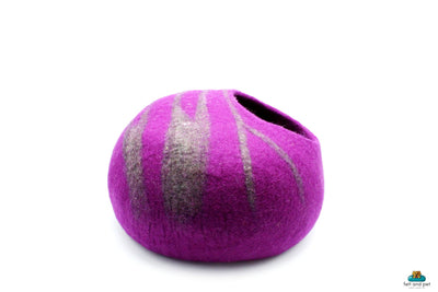 Felted Purple Cat Cave – Wool Cat Bed with Brown Stripes