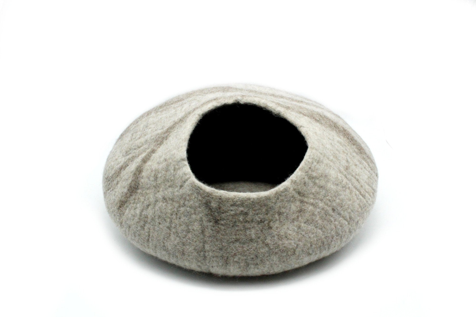 Light Gray Stone Wool Cat Bed, Round Pet Bed- Wool Pet Bed- Kitty Bed- Premium Cozy Felt Cat Cave