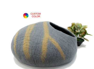 Handmade Felt Cat Cave – Grey Wool Cat Bed with Stripe Design