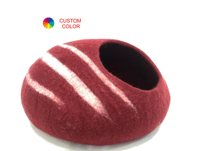 Handmade Maroon Wool Cat Cave – Striped Felt Cat Bed