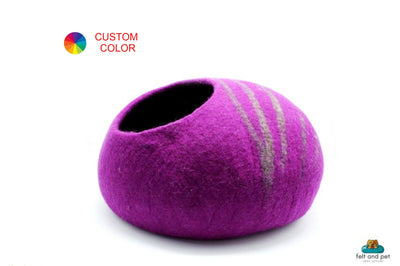 Felted Purple Cat Cave – Wool Cat Bed with Brown Stripes